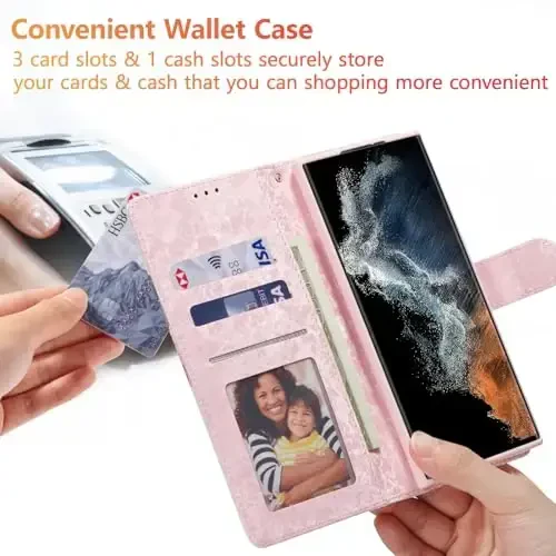 UEEBAI Wallet Case for Samsung Galaxy S24 Ultra 5G, PU Leather Phone Case Kickstand RFID Blocking Flip Case Card Slots Wrist Strap Relief Engraved Pattern Magnetic Closure Folio Case - Vine - 3