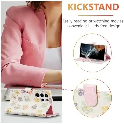 UEEBAI Wallet Case for Samsung Galaxy S24 Ultra 5G, PU Leather Phone Case Kickstand RFID Blocking Flip Case Card Slots Wrist Strap Relief Engraved Pattern Magnetic Closure Folio Case - White Daisy - 2