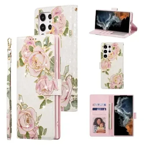 UEEBAI Wallet Case for Samsung Galaxy S24 Ultra 5G, PU Leather Phone Case Kickstand RFID Blocking Flip Case Card Slots Wrist Strap Relief Engraved Pattern Magnetic Closure Folio Case - White Rose 
