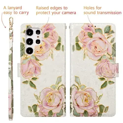 UEEBAI Wallet Case for Samsung Galaxy S24 Ultra 5G, PU Leather Phone Case Kickstand RFID Blocking Flip Case Card Slots Wrist Strap Relief Engraved Pattern Magnetic Closure Folio Case - White Rose - 3