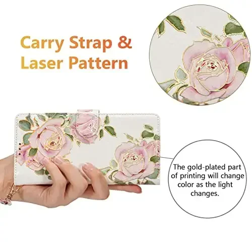 UEEBAI Wallet Case for Samsung Galaxy S24 Ultra 5G, PU Leather Phone Case Kickstand RFID Blocking Flip Case Card Slots Wrist Strap Relief Engraved Pattern Magnetic Closure Folio Case - White Rose - 6