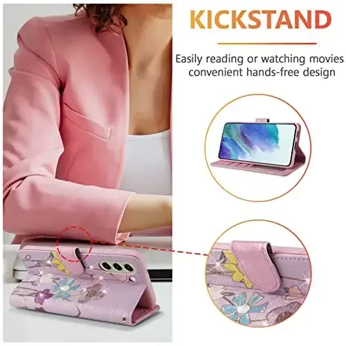 UEEBAI Wallet Case for Samsung Galaxy S25 5G, Leather Phone Wallet Kickstand RFID Blocking Flip Case Card Slots Wrist Strap Relief Engraved Pattern Magnetic Closure Flower Cover, Sunflower - 2