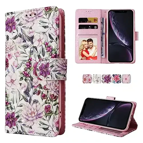 UEEBAI Wallet Case for Samsung Galaxy S25 5G, Leather Phone Wallet Kickstand RFID Blocking Flip Case Card Slots Wrist Strap Relief Engraved Pattern Magnetic Closure Flower Cover, Violet - 1
