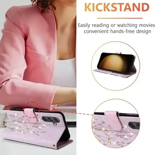 UEEBAI Wallet Case for Samsung Galaxy S25 5G, PU Leather Phone Case Kickstand RFID Blocking Flip Case Card Slots Wrist Strap Relief Engraved Pattern Magnetic Closure Flower Folio Case, Lavender - 2