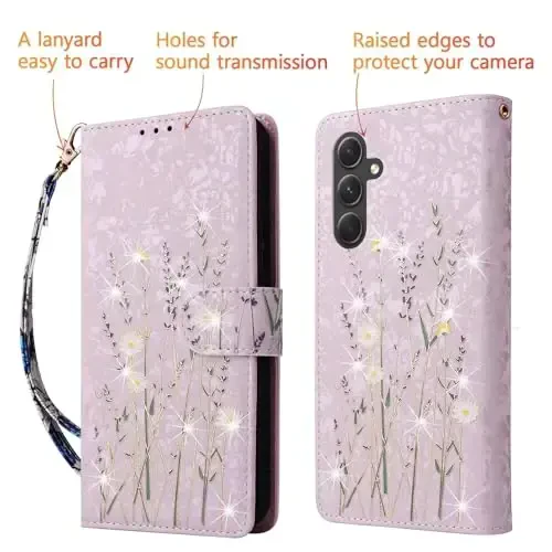 UEEBAI Wallet Case for Samsung Galaxy S25 5G, PU Leather Phone Case Kickstand RFID Blocking Flip Case Card Slots Wrist Strap Relief Engraved Pattern Magnetic Closure Flower Folio Case, Lavender - 5