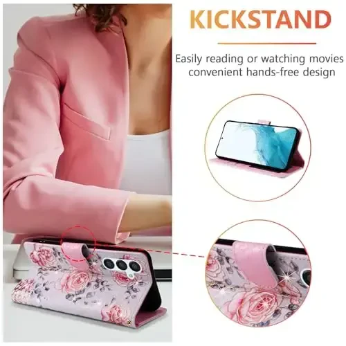 UEEBAI Wallet Case for Samsung Galaxy S25 5G, PU Leather Phone Case Kickstand RFID Blocking Flip Case Card Slots Wrist Strap Relief Engraved Pattern Magnetic Closure Flower Folio Case, Purple Rose - 2