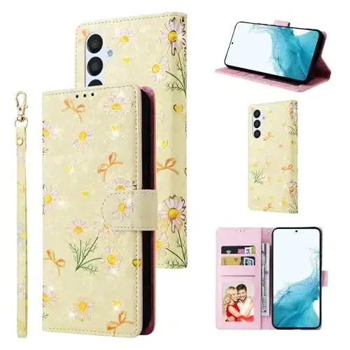 UEEBAI Wallet Case for Samsung Galaxy S25 5G, PU Leather Phone Case Kickstand RFID Blocking Flip Case Card Slots Wrist Strap Relief Engraved Pattern Magnetic Closure Flower Folio Case, Yellow Daisy - 1