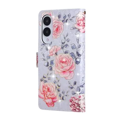 UEEBAI Wallet Case for Samsung Galaxy S25 Edge 5G, PU Leather Phone Case Kickstand RFID Blocking Flip Case Card Slots Wrist Strap Relief Engraved Pattern Magnetic Closure Flower Case, Purple Rose - 6
