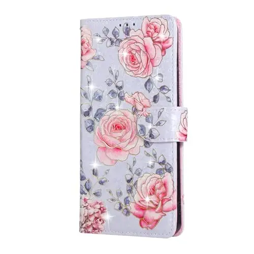 UEEBAI Wallet Case for Samsung Galaxy S25 Edge 5G, PU Leather Phone Case Kickstand RFID Blocking Flip Case Card Slots Wrist Strap Relief Engraved Pattern Magnetic Closure Flower Case, Purple Rose - 7