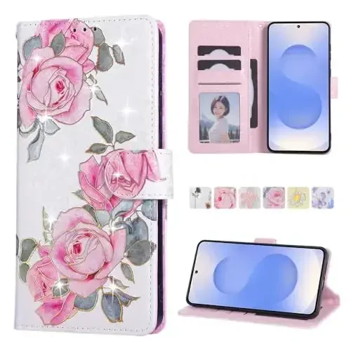 UEEBAI Wallet Case for Samsung Galaxy S25 Edge 5G, PU Leather Phone Case Kickstand RFID Blocking Flip Case Card Slots Wrist Strap Relief Engraved Pattern Magnetic Closure Flower Case, White Rose 