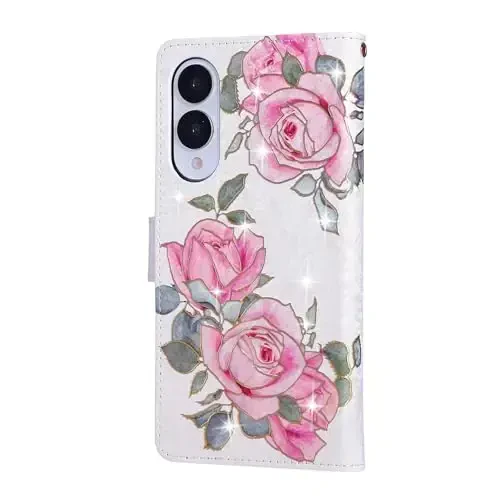 UEEBAI Wallet Case for Samsung Galaxy S25 Edge 5G, PU Leather Phone Case Kickstand RFID Blocking Flip Case Card Slots Wrist Strap Relief Engraved Pattern Magnetic Closure Flower Case, White Rose - 6