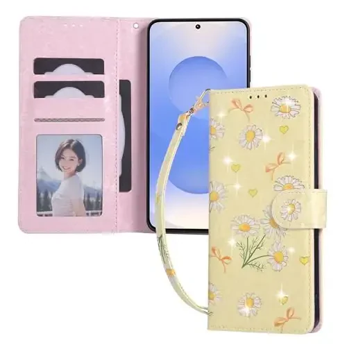 UEEBAI Wallet Case for Samsung Galaxy S25 Edge 5G, PU Leather Phone Case Kickstand RFID Blocking Flip Case Card Slots Wrist Strap Relief Engraved Pattern Magnetic Closure Flower Case, Yellow Daisy - MODAZONE (1)
