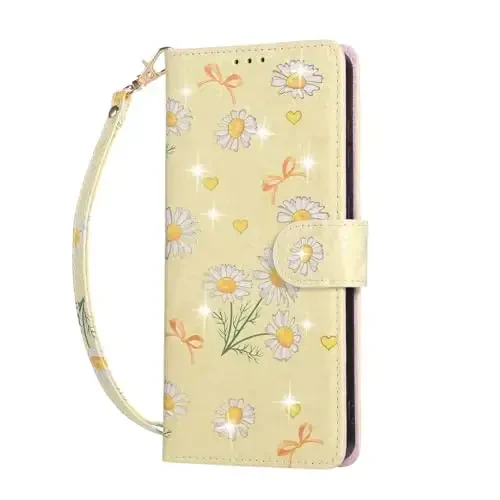 UEEBAI Wallet Case for Samsung Galaxy S25 Edge 5G, PU Leather Phone Case Kickstand RFID Blocking Flip Case Card Slots Wrist Strap Relief Engraved Pattern Magnetic Closure Flower Case, Yellow Daisy - 5