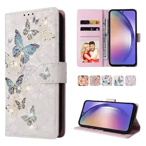 UEEBAI Wallet Case for Samsung Galaxy S25 Edge 5G, PU Leather Phone Cover Kickstand RFID Blocking Flip Case Card Slots Wrist Strap Relief Engraved Pattern Magnetic Closure Flower Cover, Blue Butterfly - 1