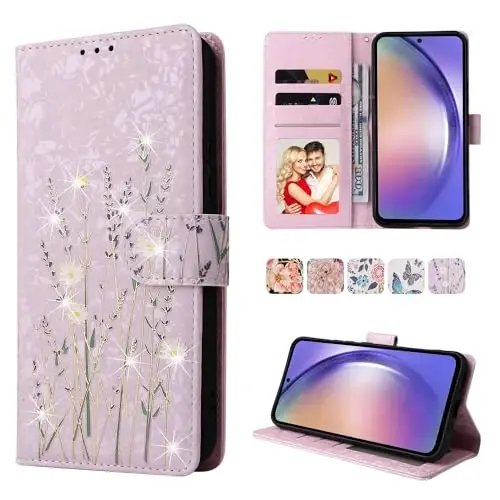UEEBAI Wallet Case for Samsung Galaxy S25 Edge 5G, PU Leather Phone Cover Kickstand RFID Blocking Flip Case Card Slots Wrist Strap Relief Engraved Pattern Magnetic Closure Flower Cover, Lavender - 1