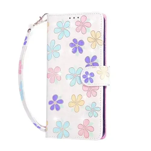 UEEBAI Wallet Case for Samsung Galaxy S25 Edge 5G, PU Leather Phone Cover Kickstand RFID Blocking Flip Case Card Slots Wrist Strap Relief Engraved Pattern Magnetic Closure Flower Cover, White Daisy - 5