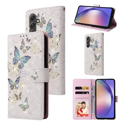 UEEBAI Wallet Case for Samsung Galaxy S25 FE 5G, Leather Phone Case Kickstand RFID Blocking Flip Case Card Slots Wrist Strap Relief Engraved Pattern Magnetic Closure Flower Folio Case, Blue Butterfly - UEEBAI