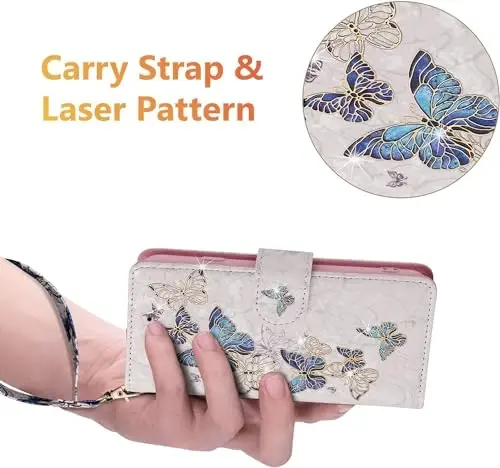 UEEBAI Wallet Case for Samsung Galaxy S25 FE 5G, Leather Phone Case Kickstand RFID Blocking Flip Case Card Slots Wrist Strap Relief Engraved Pattern Magnetic Closure Flower Folio Case, Blue Butterfly - 6