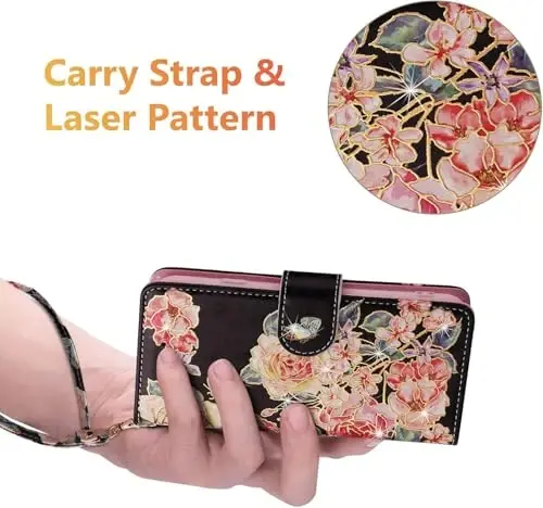 UEEBAI Wallet Case for Samsung Galaxy S25 FE 5G, PU Leather Phone Case Kickstand RFID Blocking Flip Case Card Slots Wrist Strap Relief Engraved Pattern Magnetic Closure Flower Folio Case, Black Rose - 6