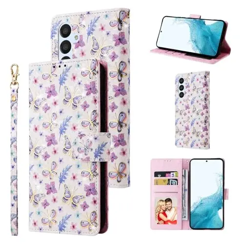 UEEBAI Wallet Case for Samsung Galaxy S25 FE 5G, PU Leather Phone Case Kickstand RFID Blocking Flip Case Card Slots Wrist Strap Relief Engraved Pattern Magnetic Closure Flower Folio Case, Butterfly 