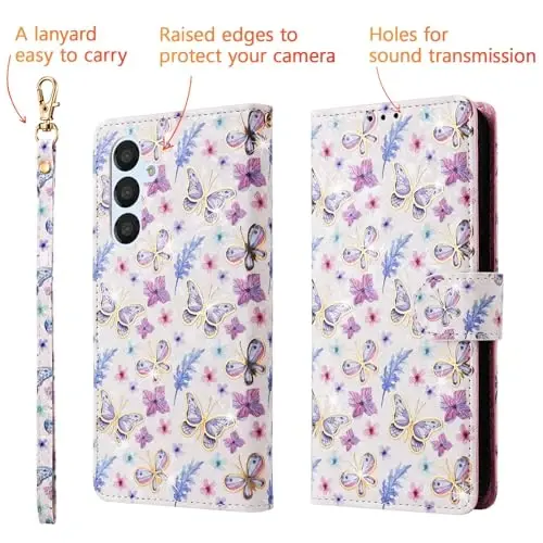 UEEBAI Wallet Case for Samsung Galaxy S25 FE 5G, PU Leather Phone Case Kickstand RFID Blocking Flip Case Card Slots Wrist Strap Relief Engraved Pattern Magnetic Closure Flower Folio Case, Butterfly - 3