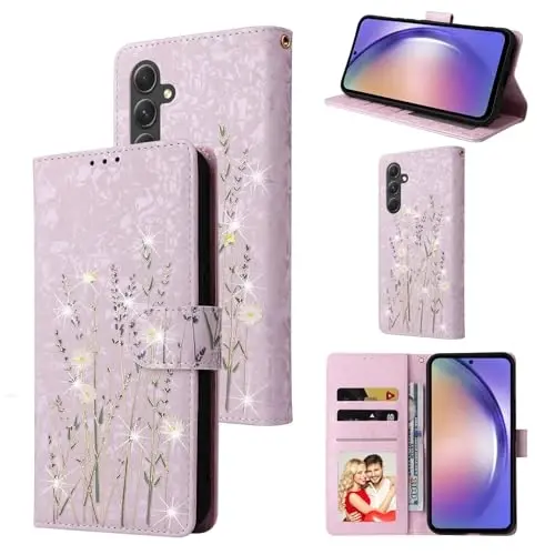 UEEBAI Wallet Case for Samsung Galaxy S25 FE 5G, PU Leather Phone Case Kickstand RFID Blocking Flip Case Card Slots Wrist Strap Relief Engraved Pattern Magnetic Closure Flower Folio Case, Lavender - 1