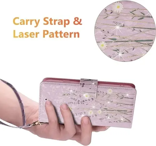UEEBAI Wallet Case for Samsung Galaxy S25 FE 5G, PU Leather Phone Case Kickstand RFID Blocking Flip Case Card Slots Wrist Strap Relief Engraved Pattern Magnetic Closure Flower Folio Case, Lavender - 6