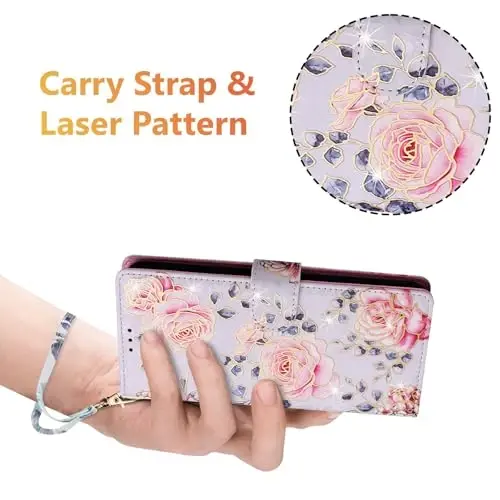 UEEBAI Wallet Case for Samsung Galaxy S25 FE 5G, PU Leather Phone Case Kickstand RFID Blocking Flip Case Card Slots Wrist Strap Relief Engraved Pattern Magnetic Closure Flower Folio Case, Purple Rose - 6