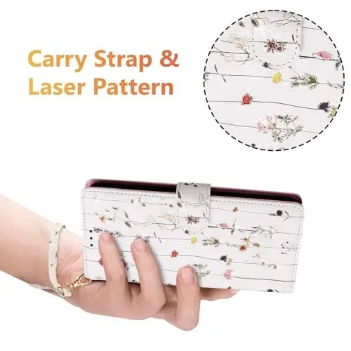 UEEBAI Wallet Case for Samsung Galaxy S25 FE 5G, PU Leather Phone Case Kickstand RFID Blocking Flip Case Card Slots Wrist Strap Relief Engraved Pattern Magnetic Closure Flower Folio Case, Vine - 6