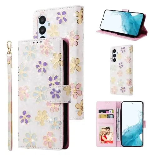 UEEBAI Wallet Case for Samsung Galaxy S25 FE 5G, PU Leather Phone Case Kickstand RFID Blocking Flip Case Card Slots Wrist Strap Relief Engraved Pattern Magnetic Closure Flower Folio Case, White Daisy - UEEBAI