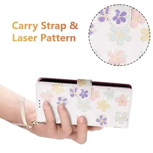 UEEBAI Wallet Case for Samsung Galaxy S25 FE 5G, PU Leather Phone Case Kickstand RFID Blocking Flip Case Card Slots Wrist Strap Relief Engraved Pattern Magnetic Closure Flower Folio Case, White Daisy - 6