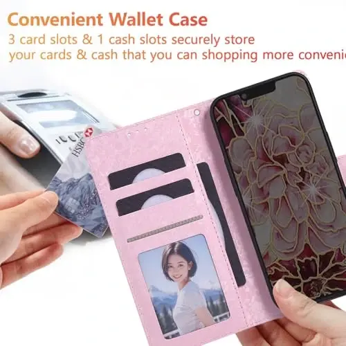 UEEBAI Wallet Case for Samsung Galaxy S25 FE 5G, PU Leather Phone Case Kickstand RFID Blocking Flip Case Card Slots Wrist Strap Relief Engraved Pattern Magnetic Closure Flower Folio Case, White Flower - 3