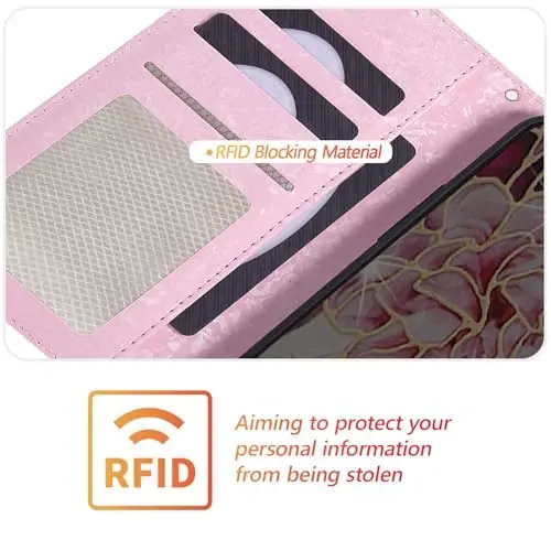 UEEBAI Wallet Case for Samsung Galaxy S25 FE 5G, PU Leather Phone Case Kickstand RFID Blocking Flip Case Card Slots Wrist Strap Relief Engraved Pattern Magnetic Closure Flower Folio Case, White Flower - 4