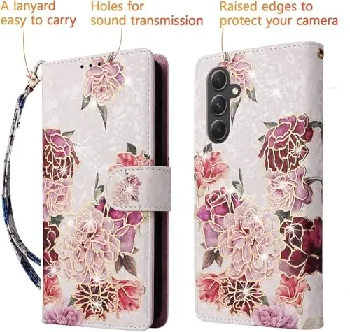 UEEBAI Wallet Case for Samsung Galaxy S25 FE 5G, PU Leather Phone Case Kickstand RFID Blocking Flip Case Card Slots Wrist Strap Relief Engraved Pattern Magnetic Closure Flower Folio Case, White Flower - 5