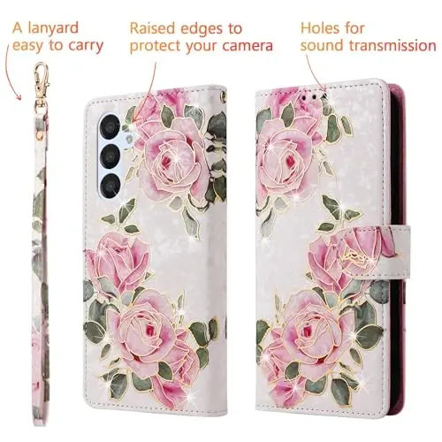 UEEBAI Wallet Case for Samsung Galaxy S25 FE 5G, PU Leather Phone Case Kickstand RFID Blocking Flip Case Card Slots Wrist Strap Relief Engraved Pattern Magnetic Closure Flower Folio Case, White Rose - 3