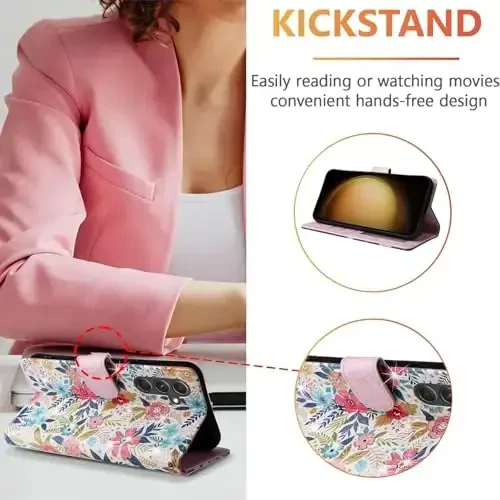 UEEBAI Wallet Case for Samsung Galaxy S25 Plus 5G, Leather Phone Wallet Kickstand RFID Blocking Flip Case Card Slots Wrist Strap Relief Engraved Pattern Magnetic Closure Flower Cover, Multi-Flower - UEEBAI (1)