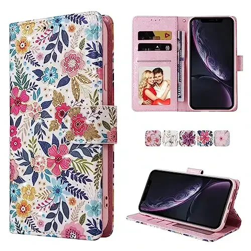 UEEBAI Wallet Case for Samsung Galaxy S25 Plus 5G, Leather Phone Wallet Kickstand RFID Blocking Flip Case Card Slots Wrist Strap Relief Engraved Pattern Magnetic Closure Flower Cover, Multi-Flower - 7