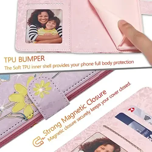 UEEBAI Wallet Case for Samsung Galaxy S25 Plus 5G, Leather Phone Wallet Kickstand RFID Blocking Flip Case Card Slots Wrist Strap Relief Engraved Pattern Magnetic Closure Flower Cover, Sunflower - 7