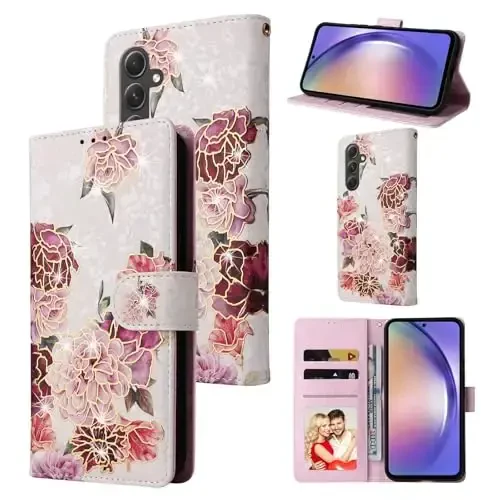 UEEBAI Wallet Case for Samsung Galaxy S25 Plus 5G, Leather Phone Wallet Kickstand RFID Blocking Flip Case Card Slots Wrist Strap Relief Engraved Pattern Magnetic Closure Flower Cover, White Flower 