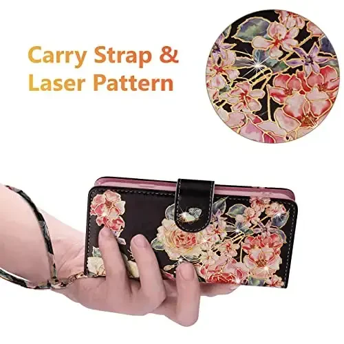 UEEBAI Wallet Case for Samsung Galaxy S25 Ultra 5G, Leather Phone Wallet Kickstand RFID Blocking Flip Case Card Slots Wrist Strap Relief Engraved Pattern Magnetic Closure Flower Cover, Black Rose - 6