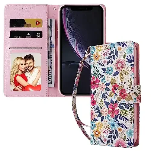 UEEBAI Wallet Case for Samsung Galaxy S25 Ultra 5G, Leather Phone Wallet Kickstand RFID Blocking Flip Case Card Slots Wrist Strap Relief Engraved Pattern Magnetic Closure Flower Cover, Multi-Flower - 6