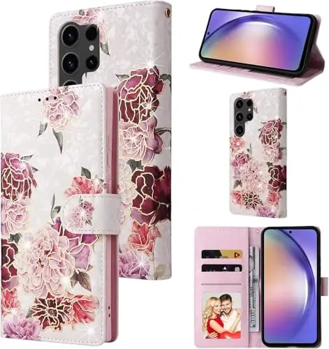 UEEBAI Wallet Case for Samsung Galaxy S25 Ultra 5G, Leather Phone Wallet Kickstand RFID Blocking Flip Case Card Slots Wrist Strap Relief Engraved Pattern Magnetic Closure Flower Cover, White Flower 