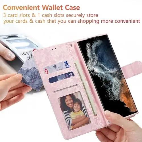 UEEBAI Wallet Case for Samsung Galaxy S25 Ultra 5G, Leather Phone Wallet Kickstand RFID Blocking Flip Case Card Slots Wrist Strap Relief Engraved Pattern Magnetic Closure Flower Cover, White Flower - 3