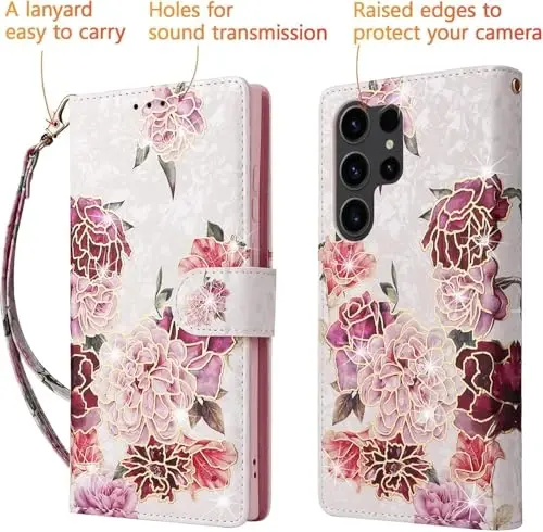 UEEBAI Wallet Case for Samsung Galaxy S25 Ultra 5G, Leather Phone Wallet Kickstand RFID Blocking Flip Case Card Slots Wrist Strap Relief Engraved Pattern Magnetic Closure Flower Cover, White Flower - 5