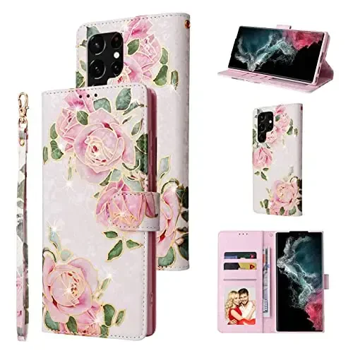 UEEBAI Wallet Case for Samsung Galaxy S25 Ultra 5G, PU Leather Phone Case Kickstand RFID Blocking Flip Case Card Slots Wrist Strap Relief Engraved Pattern Magnetic Closure Flower Case, White Rose 