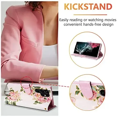 UEEBAI Wallet Case for Samsung Galaxy S25 Ultra 5G, PU Leather Phone Case Kickstand RFID Blocking Flip Case Card Slots Wrist Strap Relief Engraved Pattern Magnetic Closure Flower Case, White Rose - 2