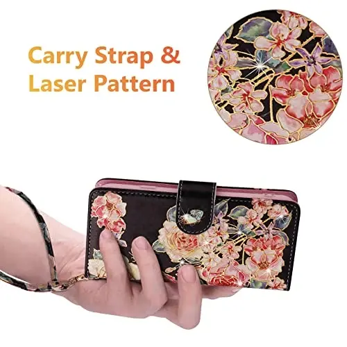 UEEBAI Wallet Case for Samsung Galaxy S26 5G, PU Leather Phone Cover Kickstand RFID Blocking Flip Case Card Slots Wrist Strap Relief Engraved Pattern Magnetic Closure Flower Folio Wallet, Black Rose - 6
