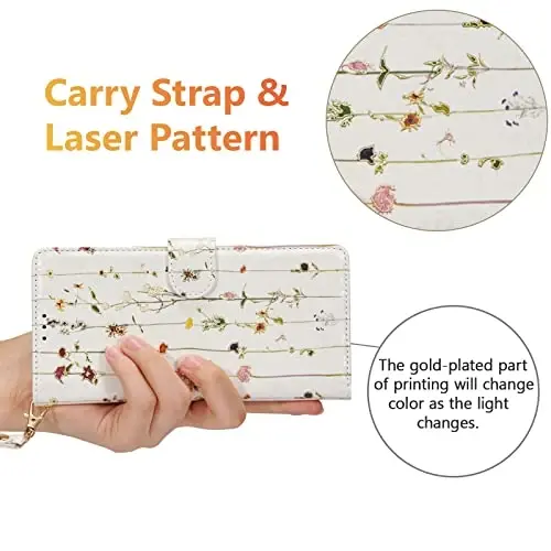 UEEBAI Wallet Case for Samsung Galaxy S26 5G, PU Leather Phone Cover Kickstand RFID Blocking Flip Case Card Slots Wrist Strap Relief Engraved Pattern Magnetic Closure Flower Folio Wallet, Vine - 6