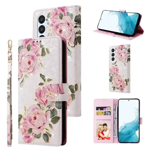 UEEBAI Wallet Case for Samsung Galaxy S26 Plus 5G, PU Leather Phone Cover Kickstand RFID Blocking Flip Case Card Slots Wrist Strap Relief Engraved Pattern Magnetic Closure Flower Wallet, White Rose 