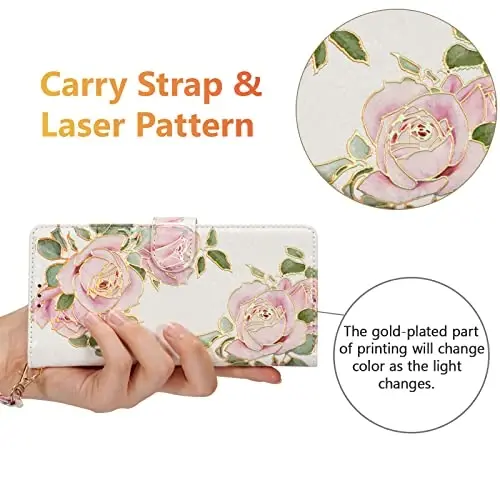 UEEBAI Wallet Case for Samsung Galaxy S26 Plus 5G, PU Leather Phone Cover Kickstand RFID Blocking Flip Case Card Slots Wrist Strap Relief Engraved Pattern Magnetic Closure Flower Wallet, White Rose - 6